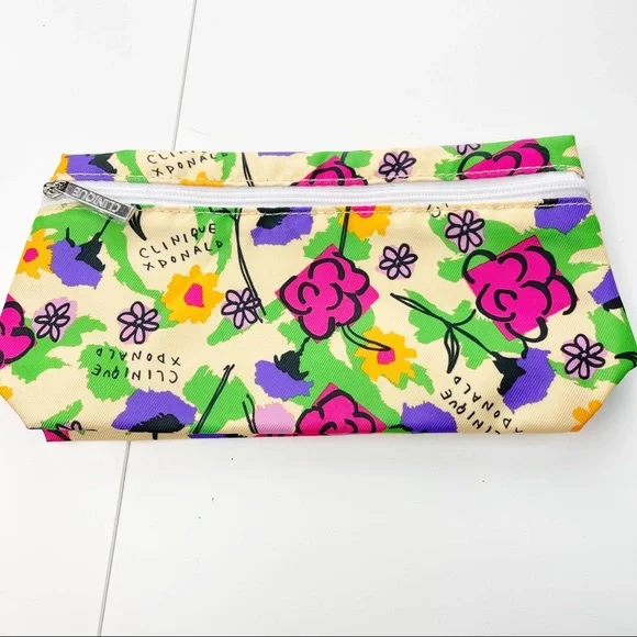 Clinique Bright Colored Floral Zip Closure Makeup Bag - Picture 1 of 6